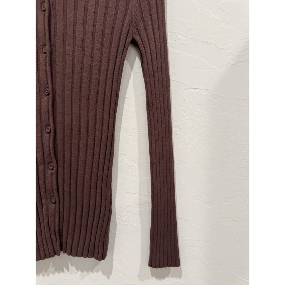 Open Edit Ribbed Button-Up Cardigan Chocolate Brown Size XXS - Picture 4 of 10